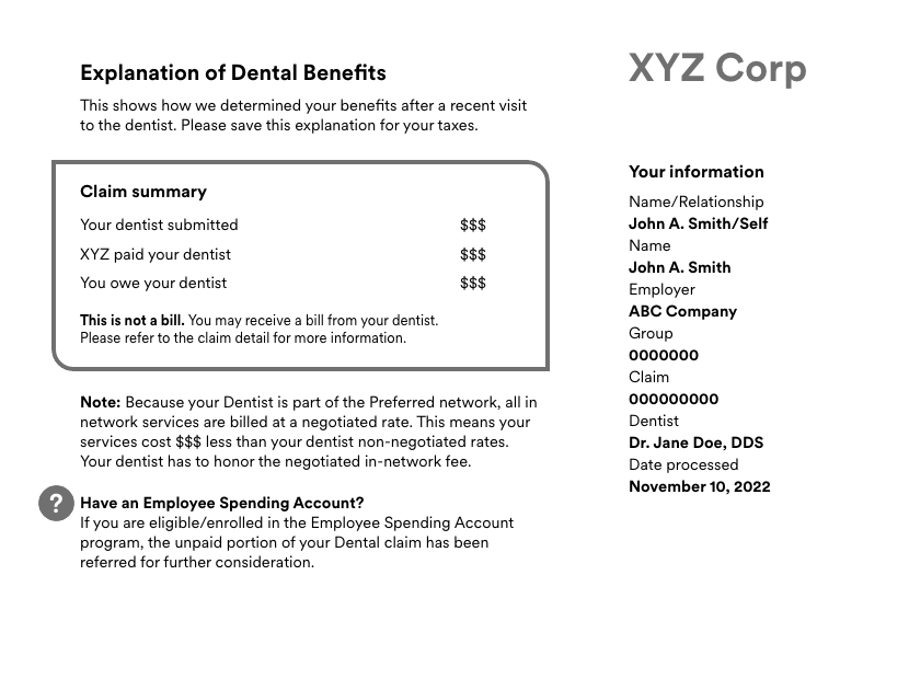 An example of a Dental Explanation of Benefits