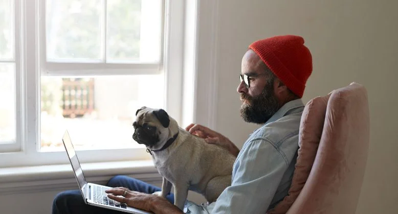 A man sitting in a chair with a dog and looking to the laptop